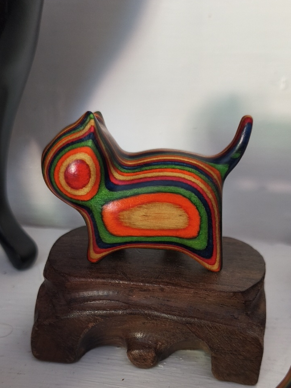 Wooden hand carved cat statue figurine kitty brown Multi color, tail up - Picture 2 of 11